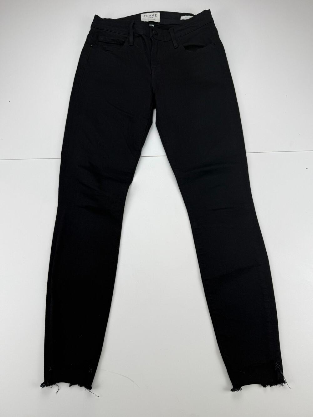 FRAME Le Skinny de Jeanne Jeans Womens 24 Black Film Noir Raw Stagger Hem